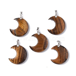 Natural Tiger Eye Pendants, Moon Charms, with Platinum Tone Brass Findings, 30.5x27x9mm, Hole: 4x3mm(G-Z022-04F)