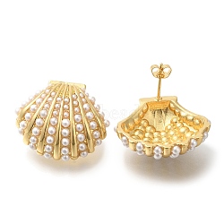 Rack Plating Shell Shape Brass Stud Earrings, with ABS Plastic Pearl, Long-Lasting Plated, Lead Free & Cadmium Free, Real 18K Gold Plated, 25x27.5mm(EJEW-H016-04G)