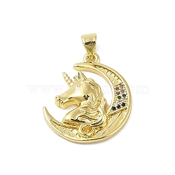 Brass Micro Pave Cubic Zirconia Pendants, Real 18K Gold Plated, Moon with Unicorn, Colorful, 23x19x2.8mm, Hole: 5x3.5mm(KK-E111-13G)