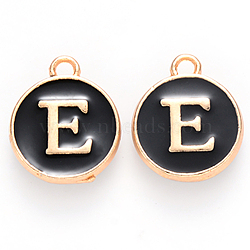 Golden Plated Alloy Charms, Cadmium Free & Lead Free, with Enamel, Enamelled Sequins, Flat Round with Letter, Black, Letter.E, 14x12x2mm, Hole: 1.5mm(X-ENAM-S118-02E)