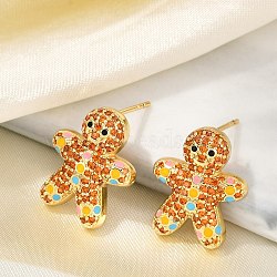 Christmas Rack Plating Brass Cubic Zirconia Stud Earrings, with Enamel, Real 18K Gold Plated, Long-Lasting Plated, Lead Free & Cadmium Free, Gingerbread Man, 18.5x15mm(EJEW-K245-54B-G)