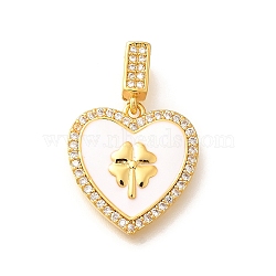 Brass Micro Pave Clear Cubic Zirconia Pendents, Heart Charms, with Enamel, Real 18K Gold Plated, Rack Plating, Lead Free & Cadmium Free, Clover, 19x18x2.5mm, Hole: 4.5x2mm(KK-R212-12G-02)