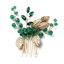 Ancient Alloy Leaves Hair Combs, Bridal Hair Comb Clip, with Rhinestone and Copper Wire Wrapping, for Wedding, Banquet, Golden, 74x56x7mm(AJEW-WH0314-24G)