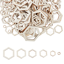 220Pcs 6 Style Unfinished Wood Linking Rings, Hexagon, Old Lace, 1~6x1.1~6.9x0.2~0.25cm, Inner Diameter: 0.7~4.6x0.75~5.3cm(WOOD-FH0002-18)