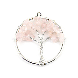 Natural Rose Quartz Tree fo Life Pendants, Iron Ring Chip Gems Tree Charms, Platinum, 30mm(WG82707-03)