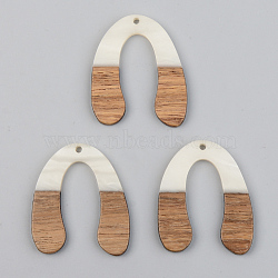 Opaque Resin & Walnut Wood Pendants, U Shape, Floral White, 38x32x3mm, Hole: 2mm(RESI-S389-058A-C04)