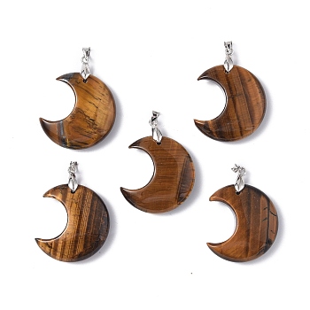 Natural Tiger Eye Pendants, Moon Charms, with Platinum Tone Brass Findings, 35x27x10mm, Hole: 10x4mm