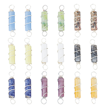 18Pcs 9 Styles Natural Mixed Gemstone Copper Wire Wrapped Column Links Connector Charms, Silver, 25mm, 2pcs/style