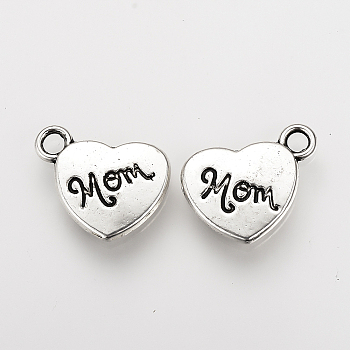 Mother's Day Theme, Tibetan Style Alloy Pendants, Heart with Word Mom, Cadmium Free & Nickel Free & Lead Free, Antique Silver, 15x17.5x2.5mm, Hole: 2.5mm, about 500pcs/1000g