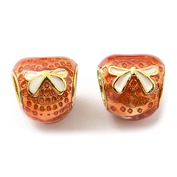 Christmas Brass Enamel European Beads, Large Hole Beads, Lead Free & Cadmium Free, Bowknot Pattern, Real 18K Gold Plated, Coral, 9x9x9mm, Hole: 5mm