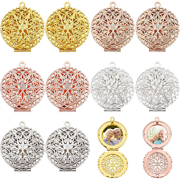 10Pcs 5 Colors Brass Diffuser Locket Pendants, Picture Frame Charms for Necklace, Flat Round with Flower, Mixed Color, 32x28x6.5mm, Hole: 1.5mm, 2pcs/color