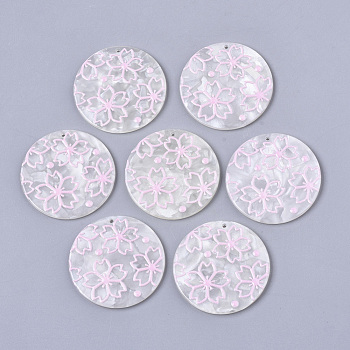 Cellulose Acetate(Resin) Pendants, 3D Printed, Flat Round, Sakura Flower Pattern, Pearl Pink, 39x2.5mm, Hole: 1.6mm