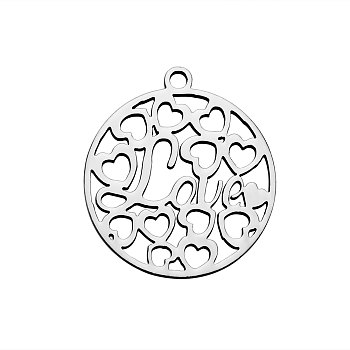 201 Stainless Steel Pendants, Flat Round with Word Love, Stainless Steel Color, 22x20x1.1mm, Hole: 1.5mm