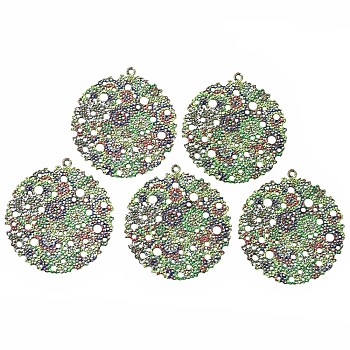 430 Stainless Steel Pendants, Spray Painted, Etched Metal Embellishments, Flower Pattern, Flat Round, Lime Green, 45x40.5x0.6mm, Hole: 1.8mm