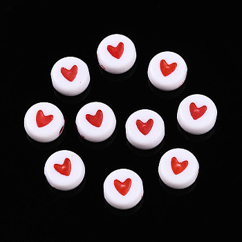 Opaque Acrylic Beads, Flat Round with Heart, Red, 7x4mm, Hole: 1.8mm, 380pcs/50g