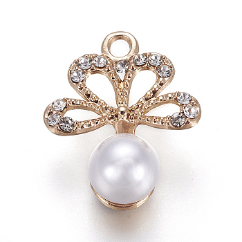 Alloy Pendants, with Acrylic Imitation Pearl and Rhinestone, Flower, Golden, 26x22x11mm, Hole: 3mm