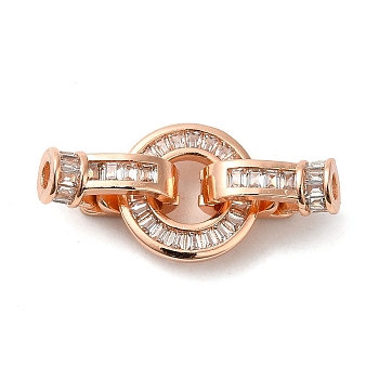 Rack Plating Brass Pave Clear Cubic Zirconia Round Fold Over Clasps, Lead Free & Cadmium Free, Long-Lasting Plated, Rose Gold, Round: 13x2mm, Clasps: 12.5x7.5x5mm, Hole: 2mm