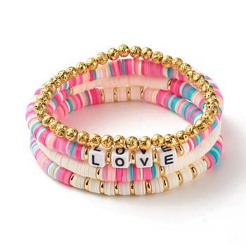 Polymer Clay Heishi Beads Bracelets Set, Natural Lava Rock Beads Stone Bracelets, Love Word Acrylic Beads Bracelets for Women Girl, Deep Pink, Inner Diameter: 2-1/4~2-1/2  inch(5.8~6.5cm), 4Pcs/set