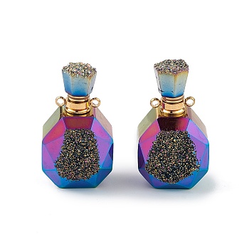 Electroplated Natural Druzy Agate Openable Perfume Bottle Pendants, Faceted Perfume Bottle Charms, with Golden Tone Brass Findings, Rainbow Plated, 35~37.5x20x13.5~14.5mm, Hole: 1.8mm