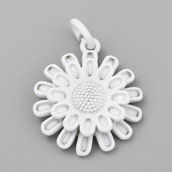 Spray Painted Brass Pendants, with Jump Rings, Sunflower, White, 17x14.5x3.5mm, Hole: 3mm