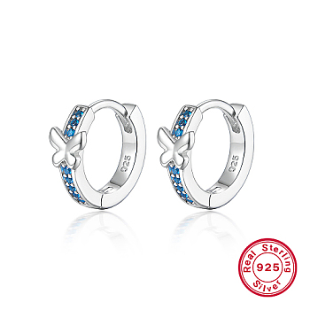 Butterfly Rhodium Plated Platinum 925 Sterling Silver Micro Pave Cubic Zirconia Hoop Earrings, with 925 Stamp, Deep Sky Blue, 13mm