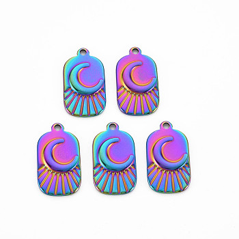 201 Stainless Steel Pendants, Rectangle with Moon, Rainbow Color, 25x14x2mm, Hole: 2mm