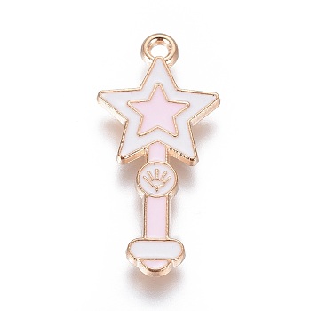 Alloy Pendants, with Enamel, Star Magic Wand, Light Gold, Pearl Pink, 28x13x1.7mm, Hole: 1.6mm