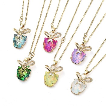 Tiger with Bowknot Light Gold Brass Micro Pave Cubic Zirconia Pendant Necklaces, with Glass, Mixed Color, 16.42 inch(41.7cm)