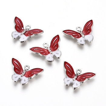 Alloy Enamel Pendants, with Rhinestone, Butterfly, Platinum, Red, 17x24x3.5mm, Hole: 1.5mm