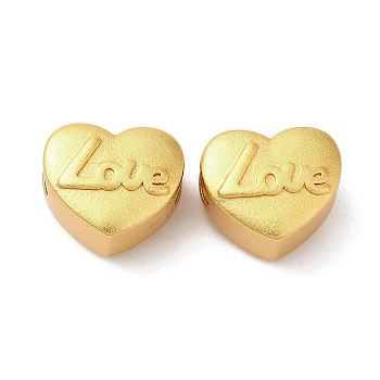 Rack Plating Brass Beads, Long-Lasting Plated, Heart with Word Love, Matte Gold Color, 10x11x7.5mm, Hole: 3.5mm