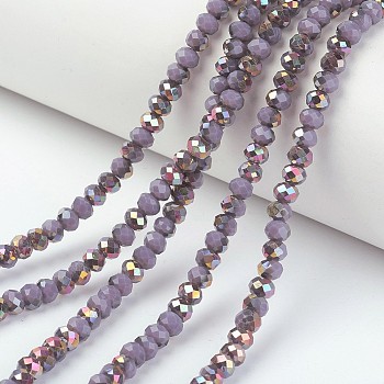 Electroplate Opaque Glass Beads Strands, Half Rose Gold Plated, Faceted, Rondelle, Plum, 8x6mm, Hole: 1mm, about 65~68pcs/strand, 15.7~16.1 inch(40~41cm)