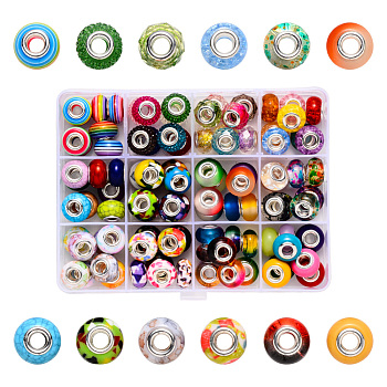 Acrylic European Beads, Large Hole Beads, with Silver Color Plated Brass Double Cores, Rondelle, Mixed Color, Beads: 13.5~14x8~10mm, Hole: 5mm, 96pcs/box