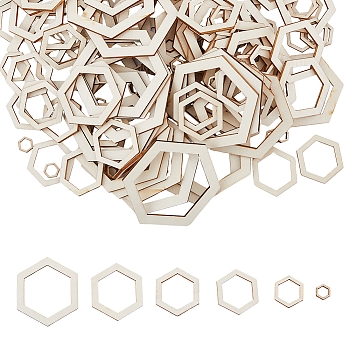 220Pcs 6 Style Unfinished Wood Linking Rings, Hexagon, Old Lace, 1~6x1.1~6.9x0.2~0.25cm, Inner Diameter: 0.7~4.6x0.75~5.3cm