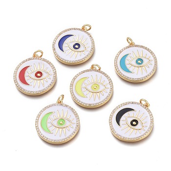 Brass Micro Pave Clear Cubic Zirconia Pendants, with Enamel and Jump Rings, Real 18K Gold Plated, Flat Round & Moon & Eye, Mixed Color, 24x21.5x2mm, Hole: 3mm