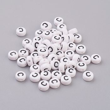 Acrylic Beads, with Horizontal Hole, Letter, Flat Round, Letter.C, 7x4mm, Hole: 1mm, about 146pcs/20g