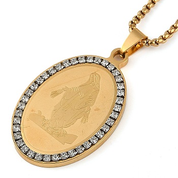 304 Stainless Steel Crystal Rhinestone Religion Virgin Mary Oval Pendant Box Chain Necklaces, Real 18K Gold Plated, 23.03 inch(58.5cm)