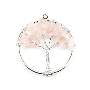 Natural Rose Quartz Tree fo Life Pendants, Iron Ring Chip Gems Tree Charms, Platinum, 30mm