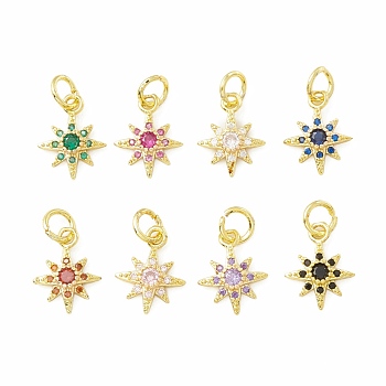 Rack Plating Brass Micro Pave Cubic Zirconia Pendants, Long-Lasting Plated, Real 18K Gold Plated, Cadmium Free & Lead Free, Sun, Mixed Color, 12.5x10x3mm, Jump Ring: 5x1mm, 3mm Inner Diameter