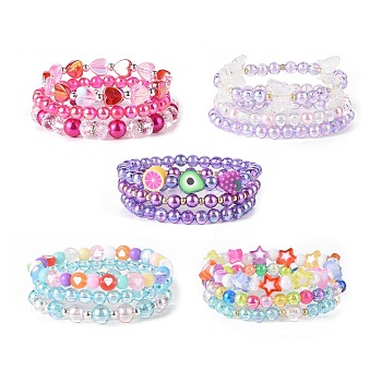 Acrylic Beads Stretch Bracelet Sets, Fruit Polymer Clay Bracelets for Girls, Heart & Butterfly & Star, Mixed Color, Inner Diameter: 1-7/8 inch(4.7cm), 15pcs/set