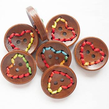Round Painted 2-Hole Buttons with Colorful Thread , Wooden Buttons, Saddle Brown, 20mm