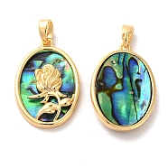Brass Oval Pendants, Flower Charms with Natural Paua Shell, Real 18K Gold Plated, 22x15x3.7mm, Hole: 2x3.8mm(KK-I703-05A-G)