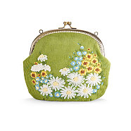 SHEGRACE Corduroy Women Evening Bag, with Embroidered Milk Cotton Flowers, Alloy Flower Purse Frame Handle, Alloy Twisted Curb Chain, Green Yellow, 240x240mm(JBG008A-02)
