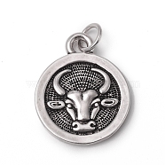 Brass Pendants, with Jump Rings, Long-Lasting Plated, Flat Round with 12 Constellation/Zodiac Sign, Antique Silver, Taurus, 18.5x15x2mm, Jump Ring: 5x0.7mm, Inner Diameter: 3.6mm(KK-I668-01AS-03)