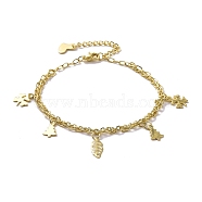304 Stainless Steel Double Chains Multi-strand Bracelets, Leaf & Tree & Clover 201 Stainless Steel Charm Bracelet for Women, Golden, 7-1/4 inch(18.5cm)(BJEW-C019-09G)