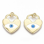 Brass Pendants, with Jump Rings and Colorful Enamel, Nickel Free, Heart Lock with Evil Eye, Real 16K Gold Plated, 20x18x2mm, Jump Ring: 5x1mm, 3mm inner diameter(X-KK-S313-20-NF)