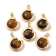 Natural Tiger Eye Pendants, Brass Half Round Charms, Real 18K Gold Plated, 19x16x6mm, Hole: 4x3mm(KK-M270-40G)