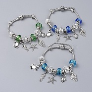 Brass European Bracelets, with Handmade Glass Rondelle Beads and Tibetan Style Alloy Charms, Ocean Theme, Mixed Color, 7-1/2 inch(19cm)(BJEW-JB04788)
