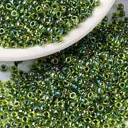 MIYUKI Round Rocailles Beads, Japanese Seed Beads, 8/0, (RR341) Green Lined Chartreuse AB, 8/0, 3mm, Hole: 1mm, about 19000~20500pcs/pound(SEED-G008-RR0341)