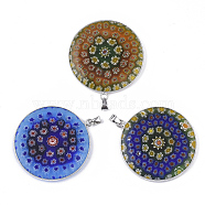 Handmade Millefiori Glass Pendants, with 201 Stainless Steel Snap On Bails and Brass Open Back Settings, Flat Round, Platinum, Mixed Color, 42.5x38.5x4.5mm, Hole: 3x5mm(LK-T001-01)