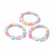 Kids Acrylic Beaded Stretch Bracelets, with Round Eco-Friendly Plastic Imitation Pearl and Heart AB Color Plated Opaque Acrylic, Mixed Color, 1-5/8 inch(4.3cm)(BJEW-JB04838-M)